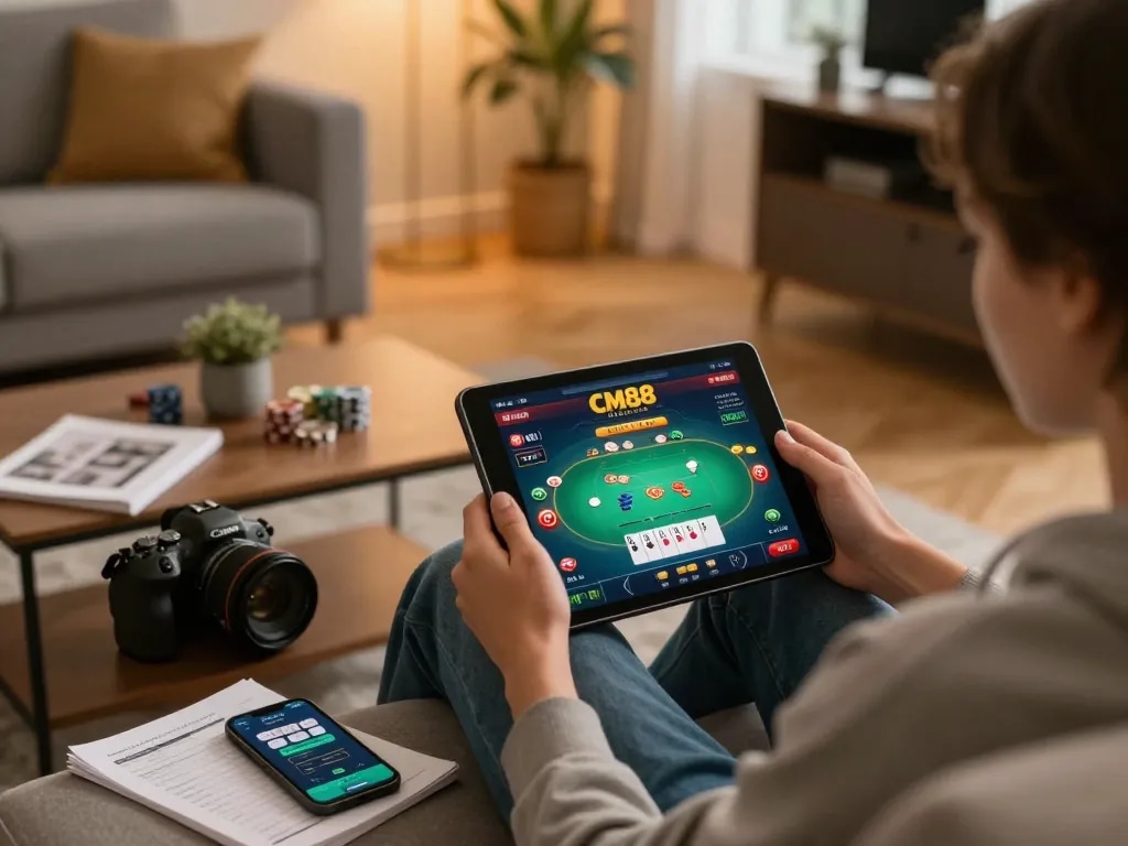 Player engaged in CM88 online casino poker game from home with strategy notes and tablet