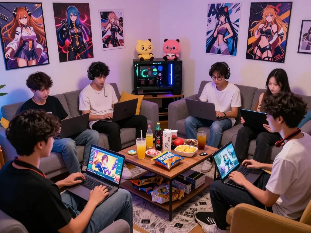 Young adults enjoying hentai games together in a cozy gaming environment.