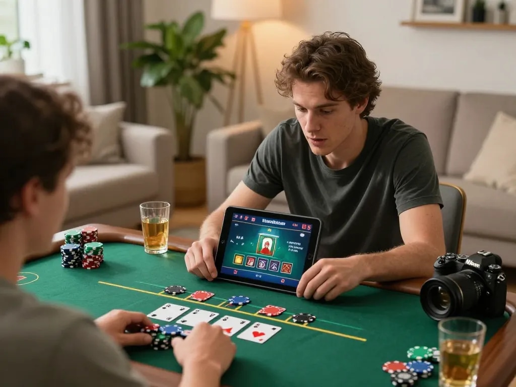 Player engaging in online blackjack on tablet, enhancing their go89 gaming experience in a cozy home.