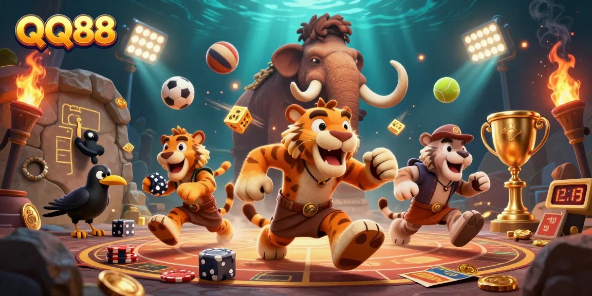 Experience the thrilling world of QQ88 with a dynamic prehistoric casino scene and vibrant gaming elements.