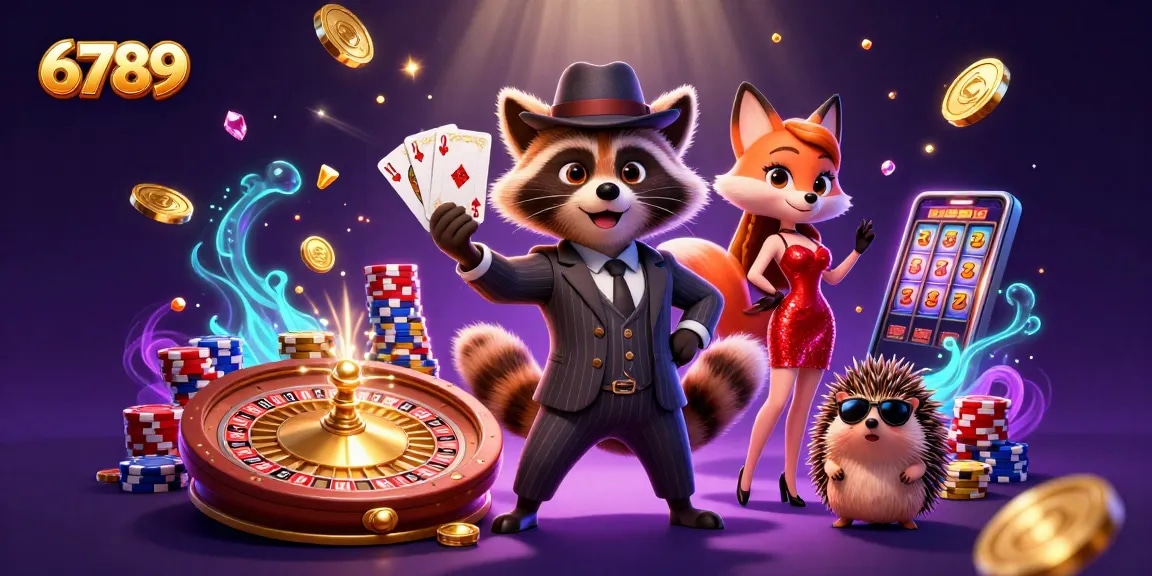 Experience the thrill of 6789 with a raccoon holding a royal flush amid cascading coins and vibrant casino elements.