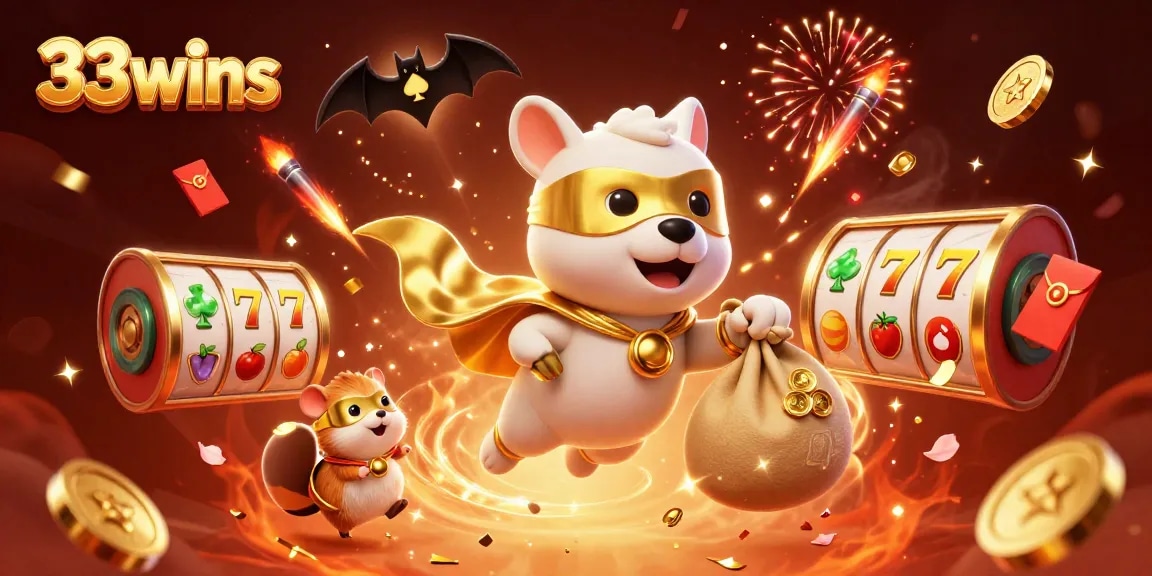 Experience exciting gameplay with 33wins, featuring a superhero dog and colorful casino elements.