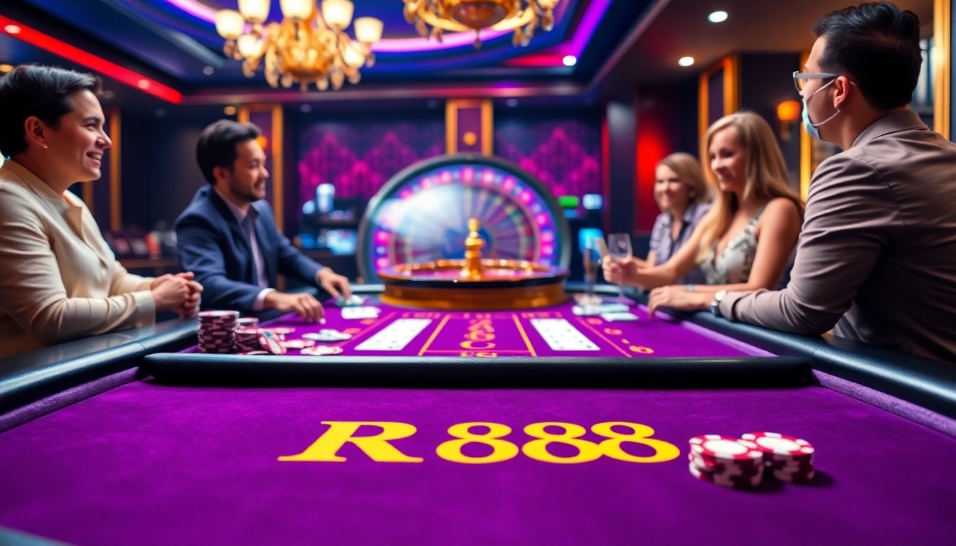 Players at an RR88-themed blackjack table enjoy the excitement of high-stakes gambling.