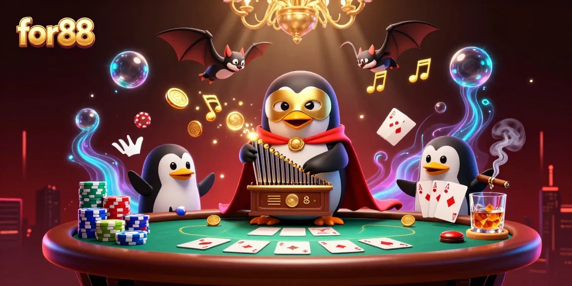 for88 penguin conducting a casino symphony of coins with poker chips and glowing notes
