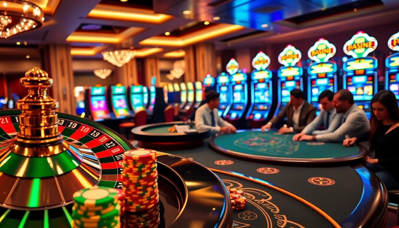 Players experiencing excitement at Hi88 casino tables with vibrant poker chips and a roulette wheel.