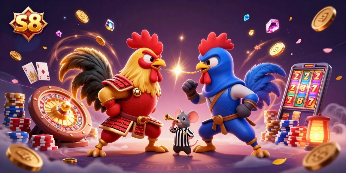 Witness incredible roosters in samurai and ninja outfits battle for the s8 jackpot amidst flying coins and cards.