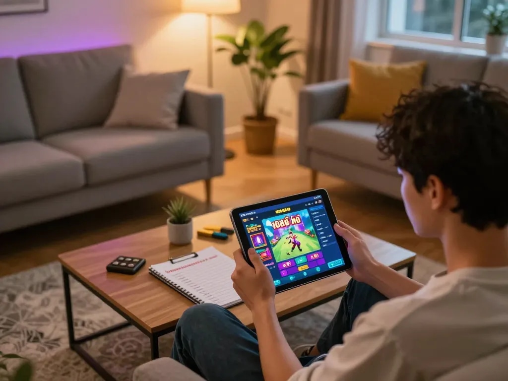 Engaging with hi88 nổ hũ gameplay from a cozy home setup, showcasing interactive online gaming experience.