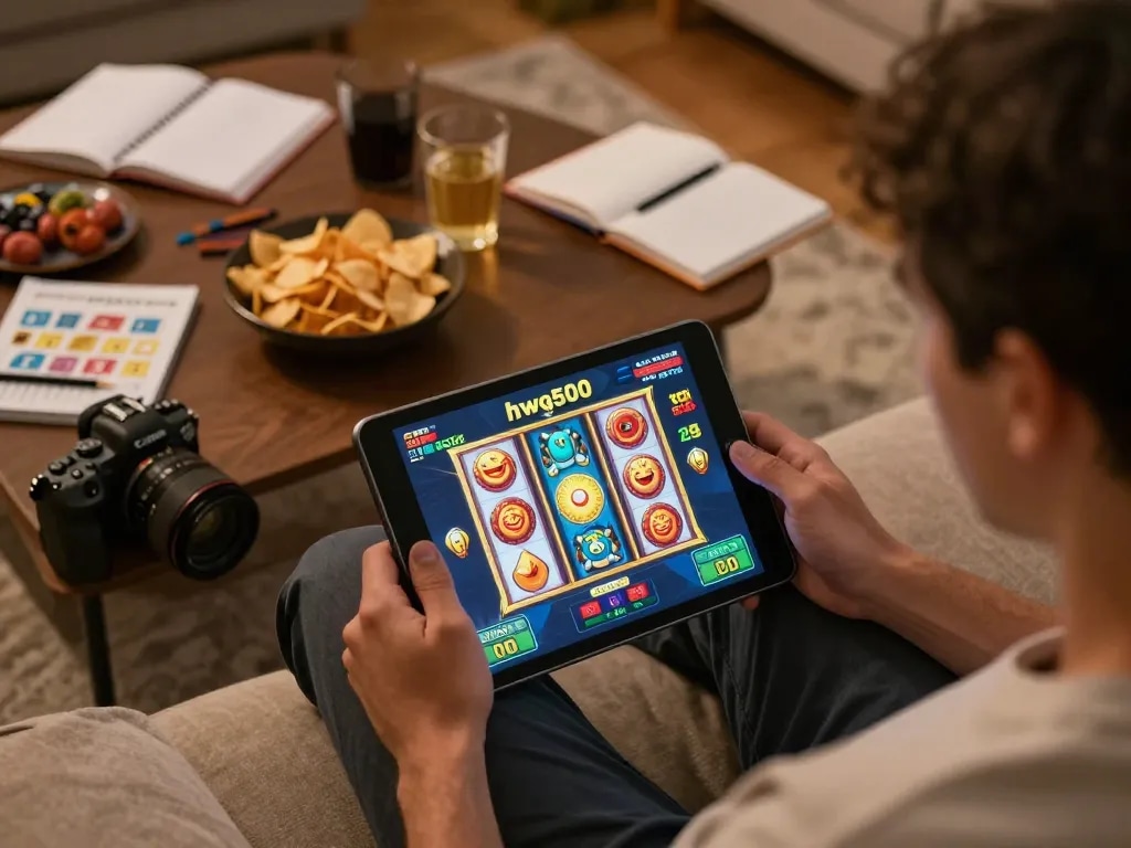 Berinteraksi dengan slot hwg500 di tablet dalam suasana rumah yang nyaman, menunjukkan gameplay yang cerah dan suasana strategis.