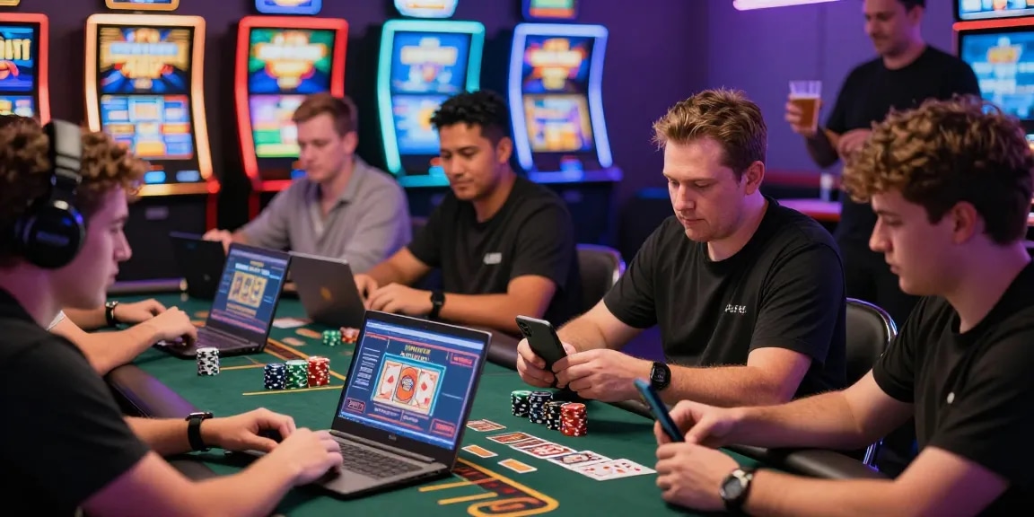Players enjoying credit card casinos in a lively gaming environment.