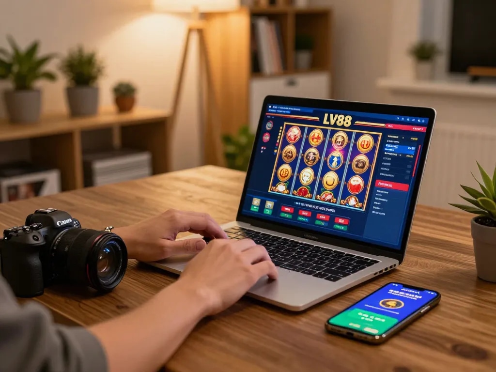 Player engaging with LV88 online casino on laptop, showcasing interactive betting interface.
