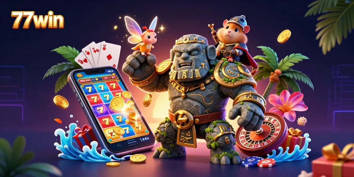 Experience thrilling luck with 77win's colorful slot game in a vibrant 3D casino scene.