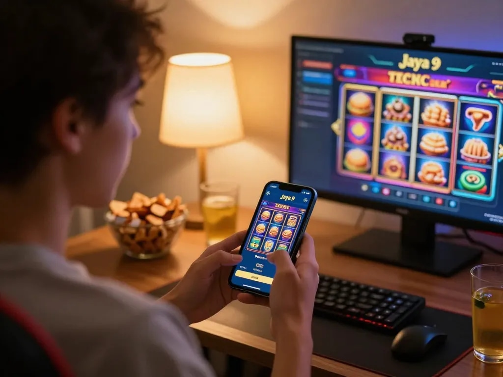 Engaging gameplay experience with Jaya 9 casino app on smartphone in cozy home setting
