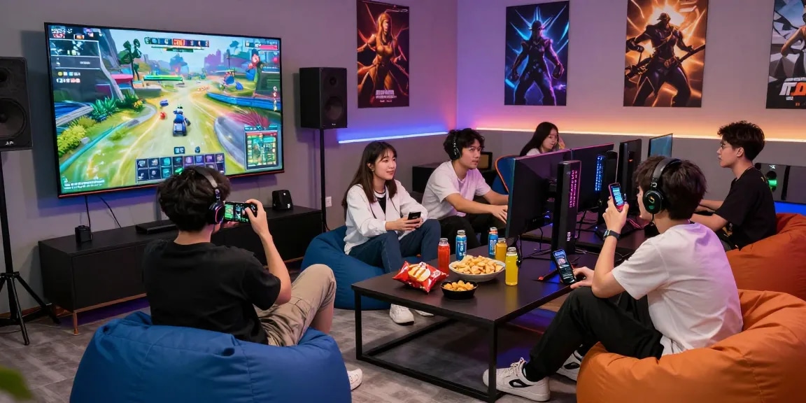 Youth gaming session at https://da88m7.com with immersive graphics, diverse friends, and vibrant atmosphere
