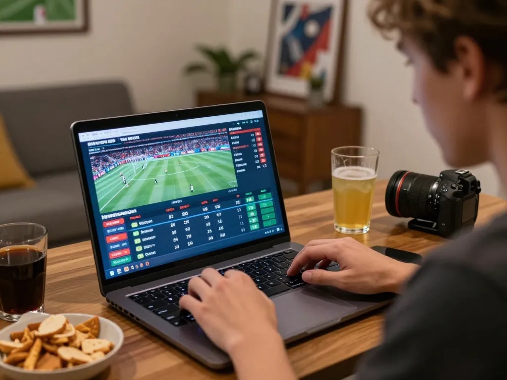 Engaging in live betting on sports via laptop, a notable scene at Nhà cái ga88 highlighting strategic gameplay.