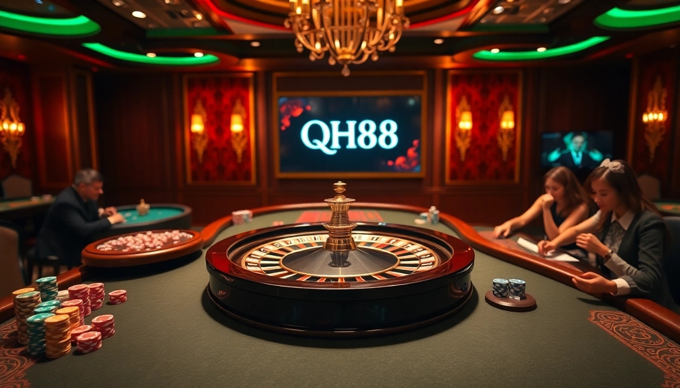 Experience excitement at QH88 casino with a vibrant roulette wheel and poker tables.