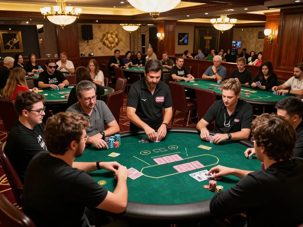 Engaged players at a poker table showcasing the one88on thrilling casino experience with strategic gameplay.
