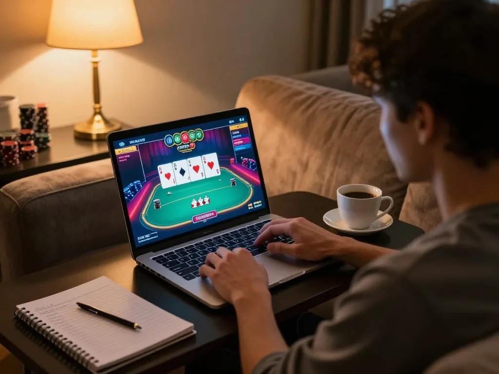 Player engaged in online poker on F168, showcasing strategic gameplay in a cozy home setting.