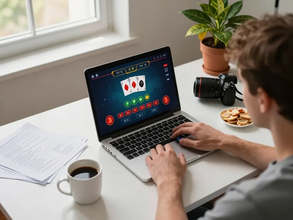 Player participating in an online poker game on their laptop, focusing on strategic moves with sc88 decor surrounding them.