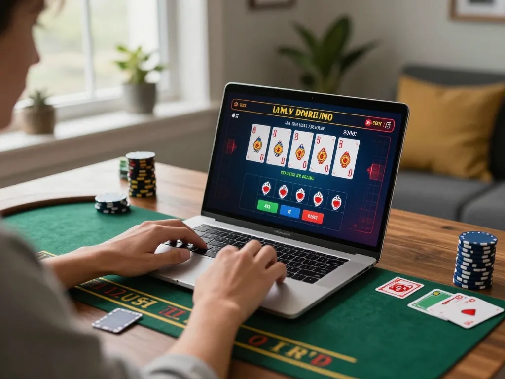 Luckywin player enjoying online blackjack action with live dealer, laptop displaying vibrant gameplay.
