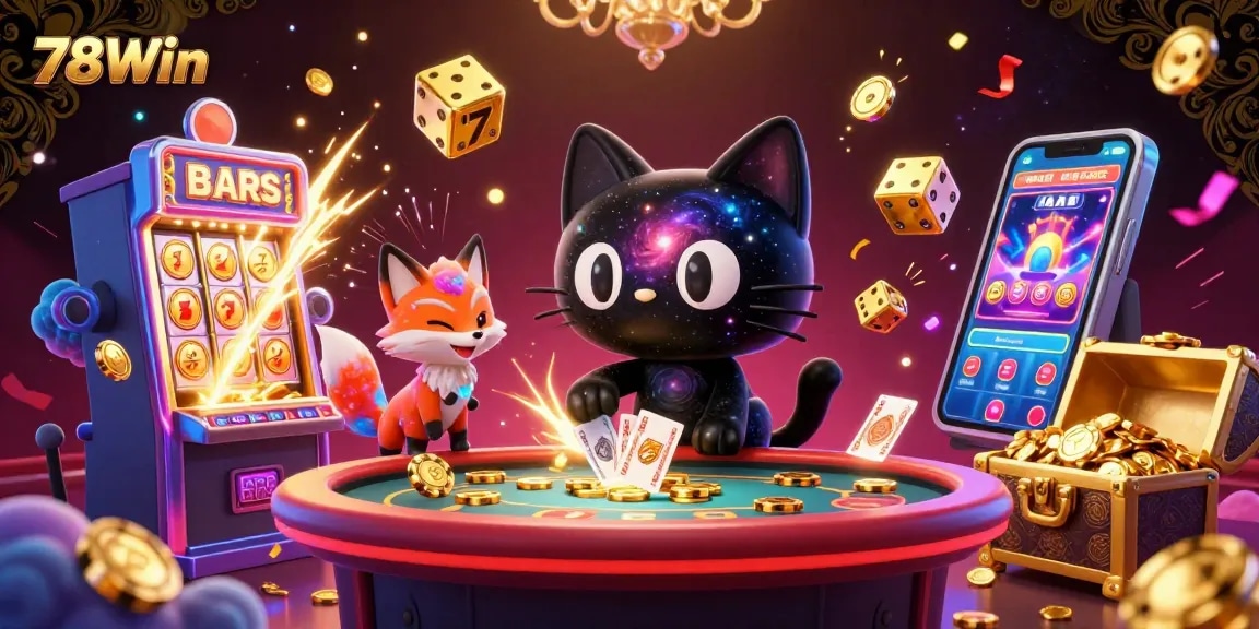 Experience the thrill of 78Win as the cosmic cat draws in golden chips and cards at a vibrant casino table.