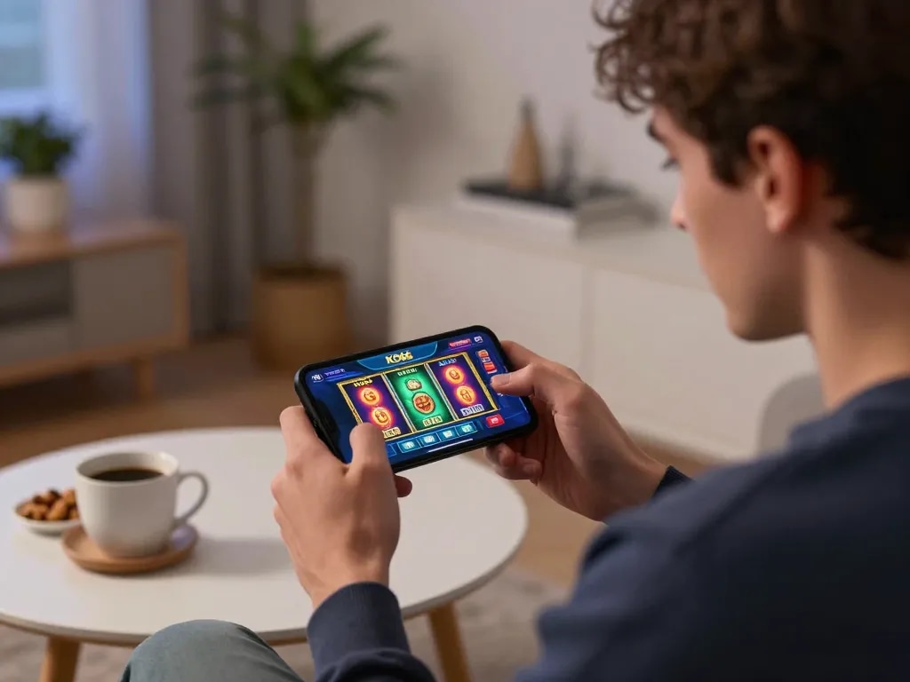 Khoảnh khắc thú vị của một người chơi thưởng thức ứng dụng casino KO66 trên smartphone trong một không gian ấm cúng tại nhà