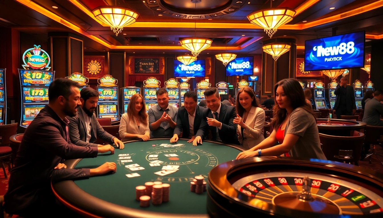 Engage in thrilling poker games at new88's luxurious casino setting with vibrant slot machines and roulette.