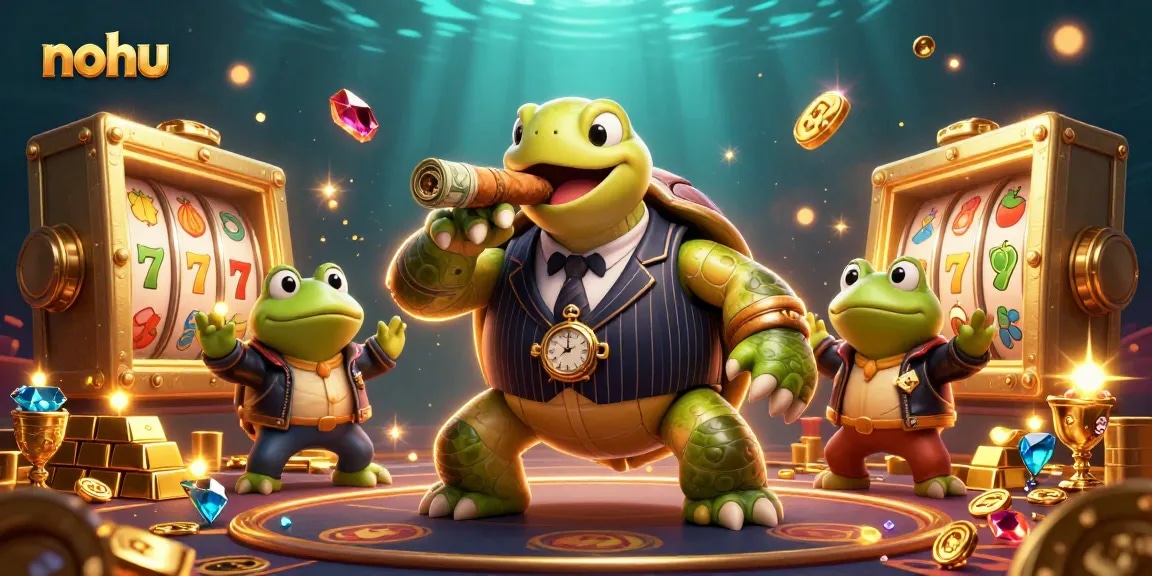 Nohus enticing gaming scene showcasing a turtle mobster among riches, slots, and vibrant casino action.