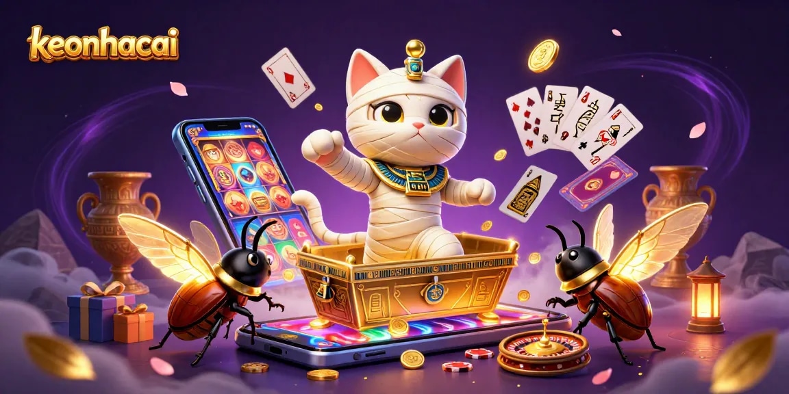 Engage with keonhacai's thrilling slot games while an Egyptian mummy cat bursts from its sarcophagus.