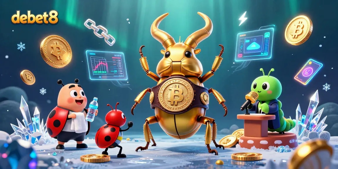 Engage in thrilling gameplay with debet8's vibrant 3D illustration featuring giant characters and glowing crypto elements.