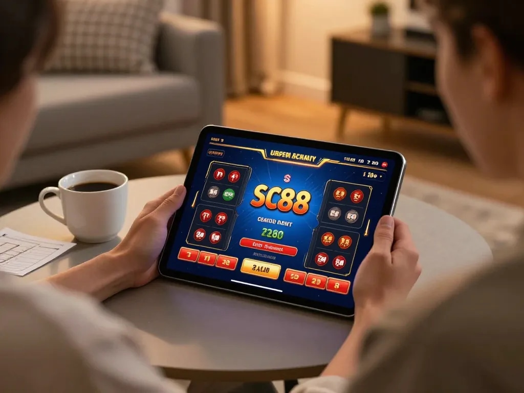 Player engaging with sc88 online casino game on tablet in a cozy environment.