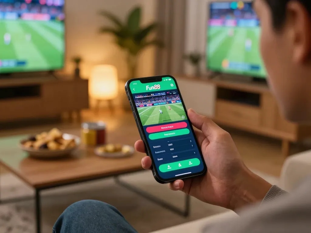 Betting on sports using Fun88 app on smartphone in a cozy home setting