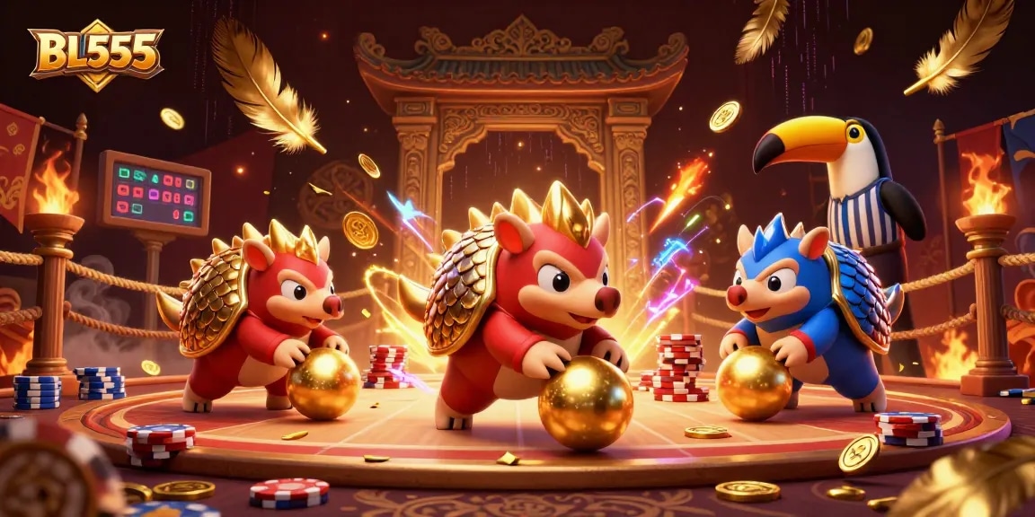 Experience the excitement of BL555 with rival pangolins competing in a vibrant betting arena filled with gold.