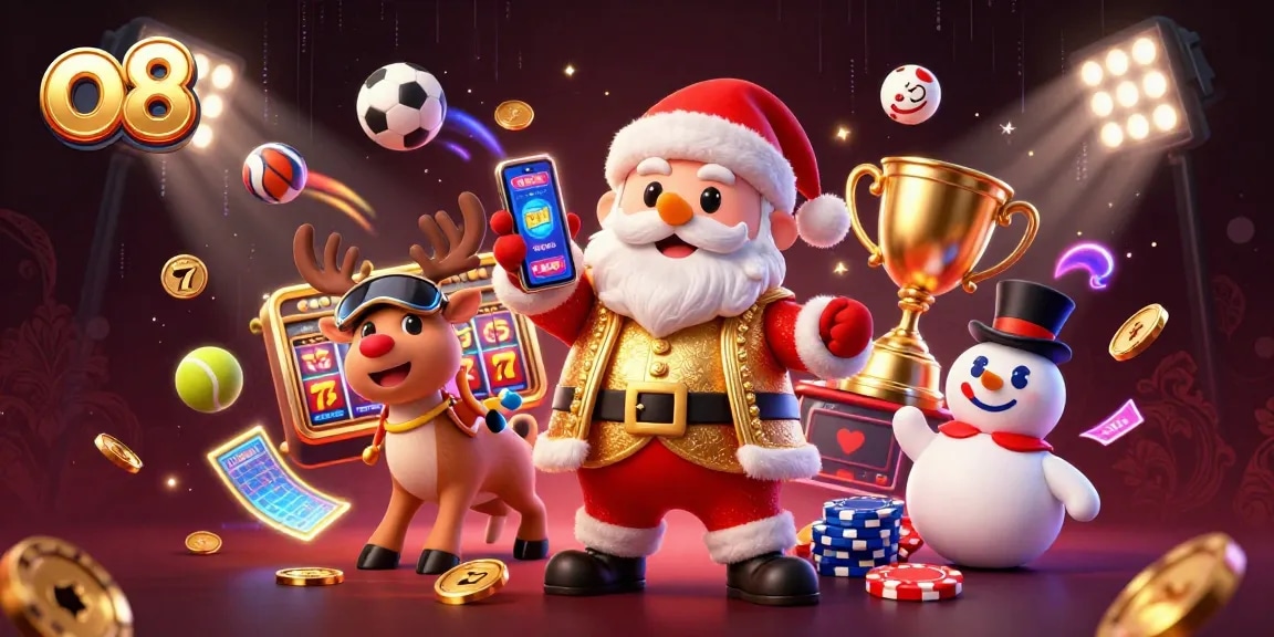 Play thrilling jackpot slots at o8 with Santa Claus and his reindeer in a vibrant 3D casino scene.
