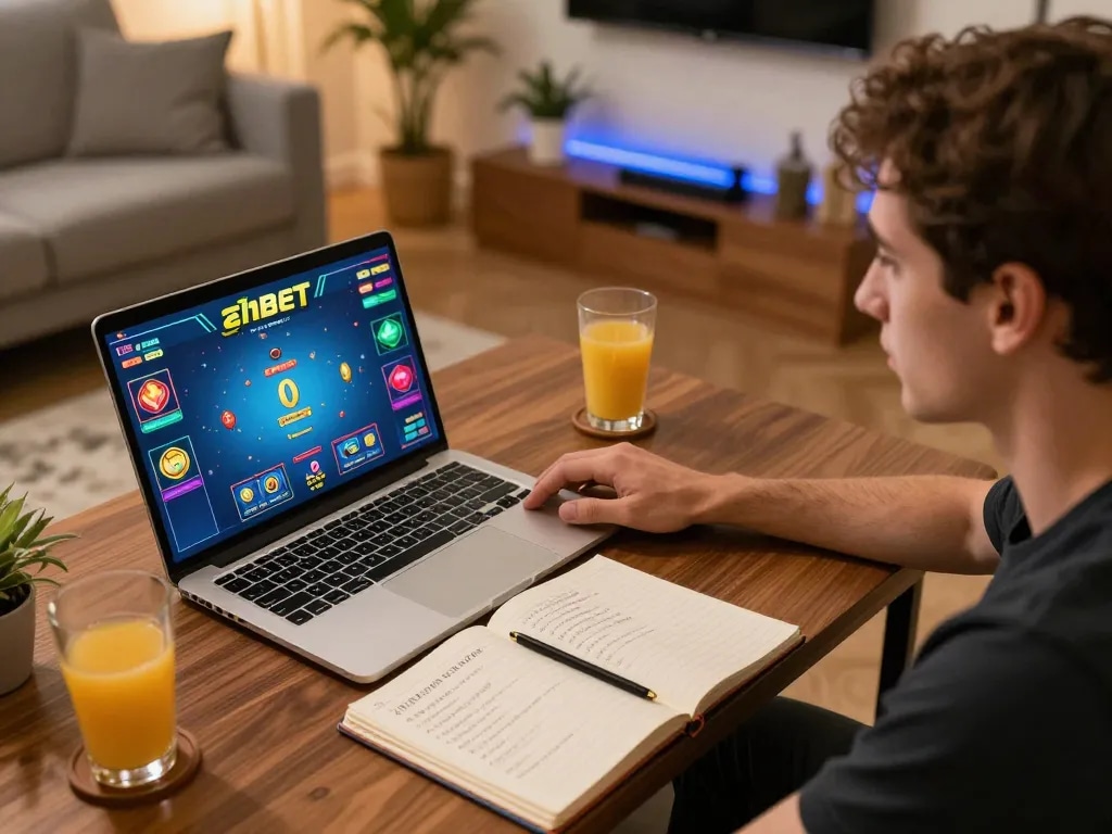Player enjoying shbet online casino games with laptop and strategy notes, cozy home environment