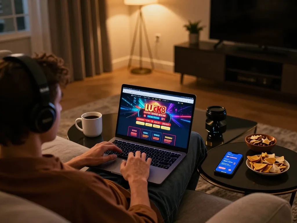Engaging with luck8 online casino from a cozy home setup, showcasing gaming excitement.