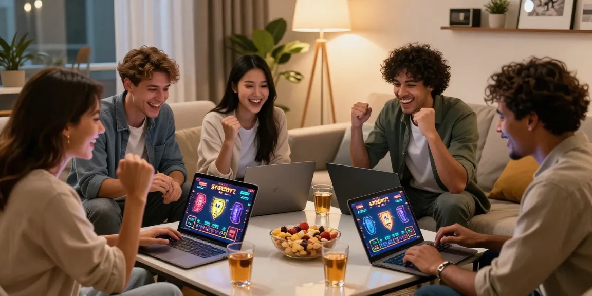 Friends enjoying game night with laptops from https://sv88m7.com in a cozy living room.
