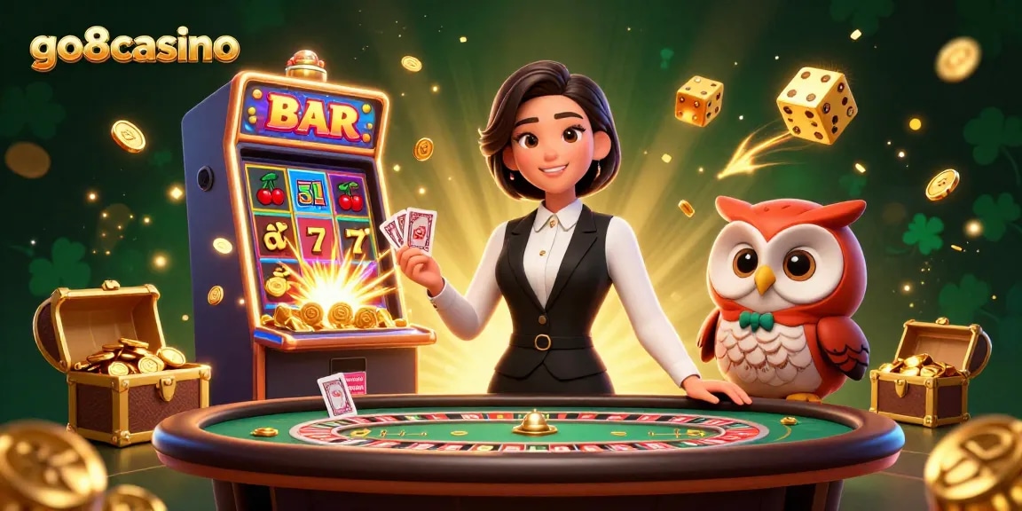 Experience the thrill of gaming at go8casino with elegant dealers, jackpot slots, and festive casino vibes.