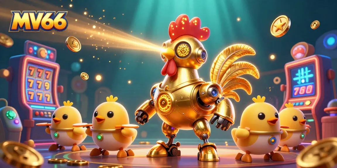 Experience the excitement at MV66 with a vibrant casino-themed illustration showcasing robots and gaming elements.