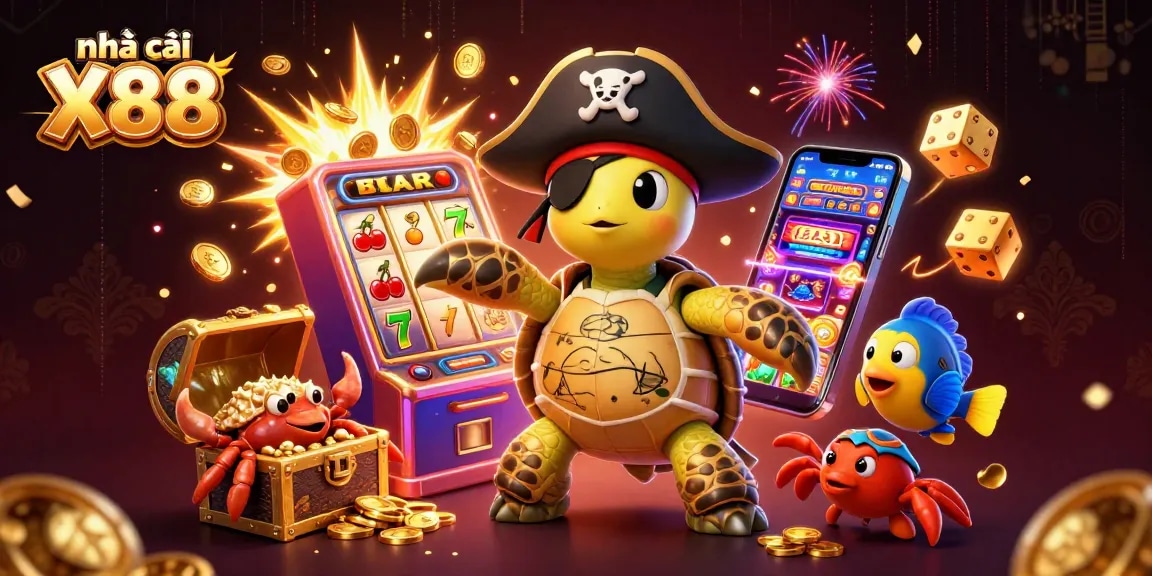 Experience the thrill of nhà cái X88 with dynamic characters, games, and treasures in a vibrant casino setting.