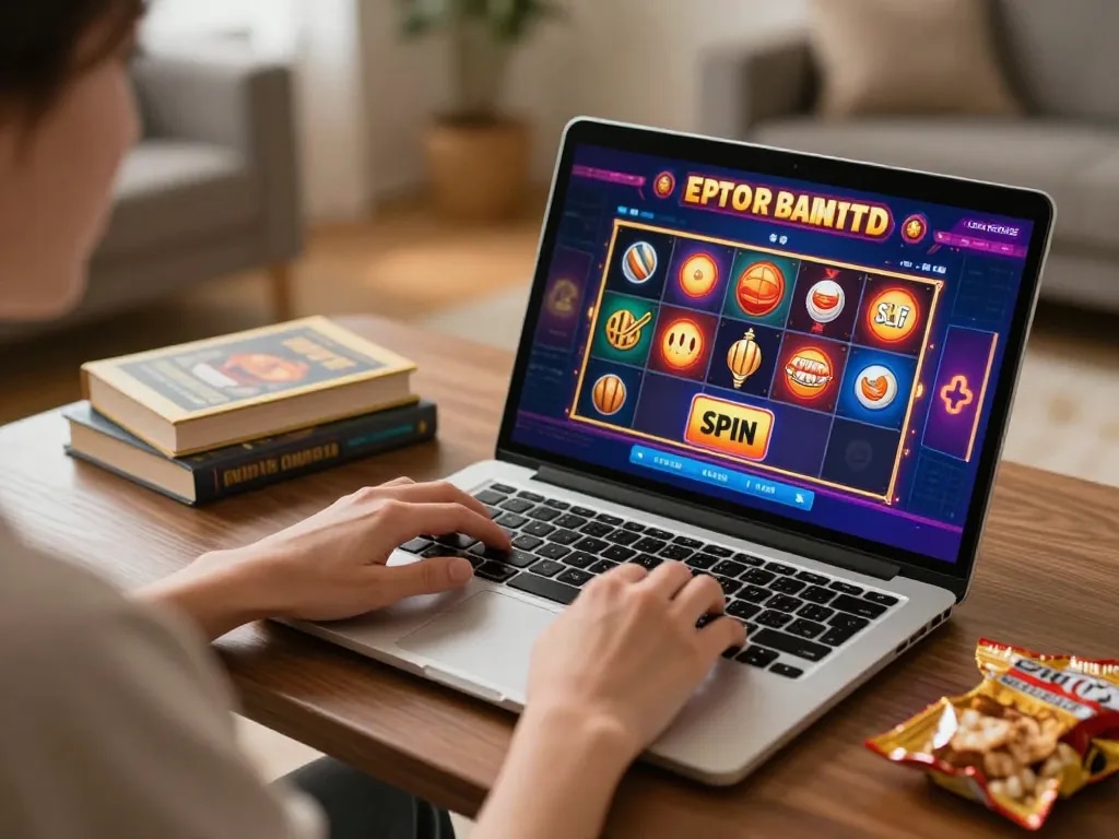 Engaging with the trang chủ okwin on a laptop, showcasing a vibrant online casino game.