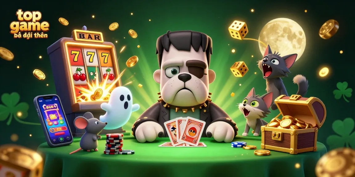Engage with the top game bài đổi thưởng in a thrilling scene with a 3D bulldog monster and lively casino elements.