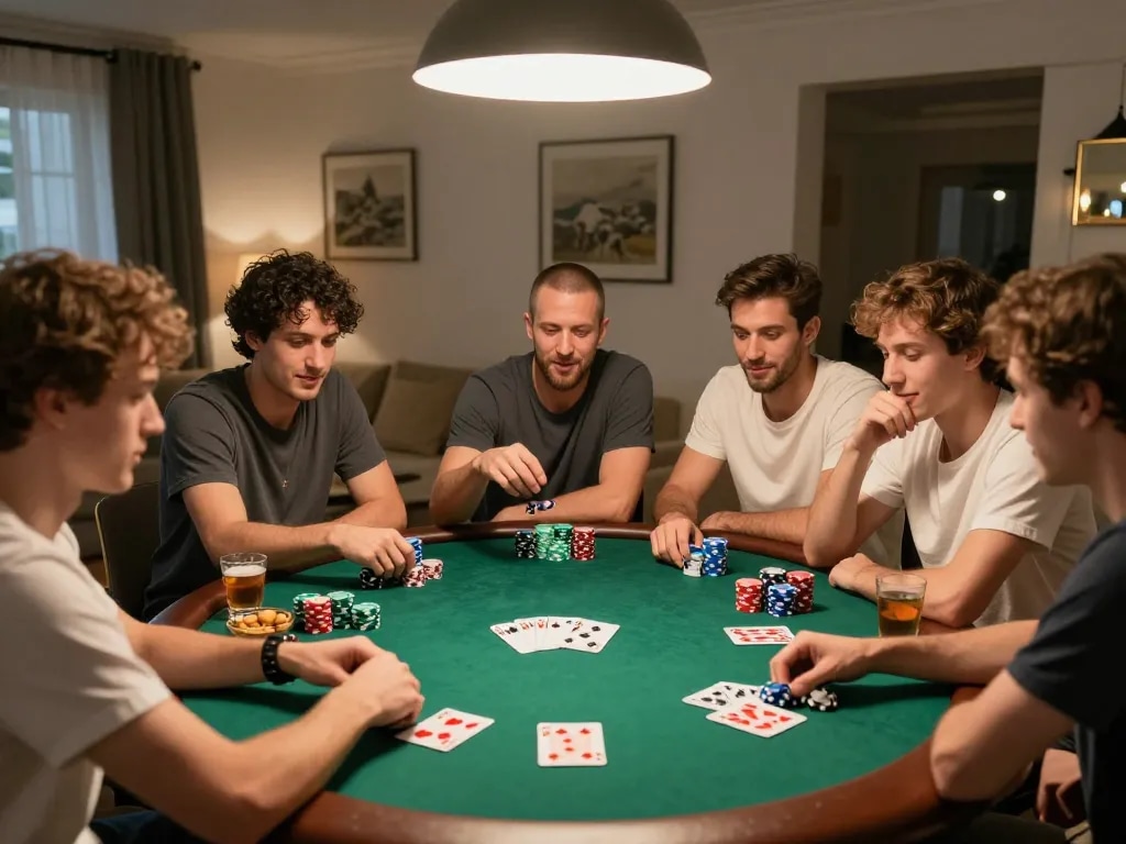 Jun88 players enjoying a friendly poker night, showcasing vibrant atmosphere and camaraderie.