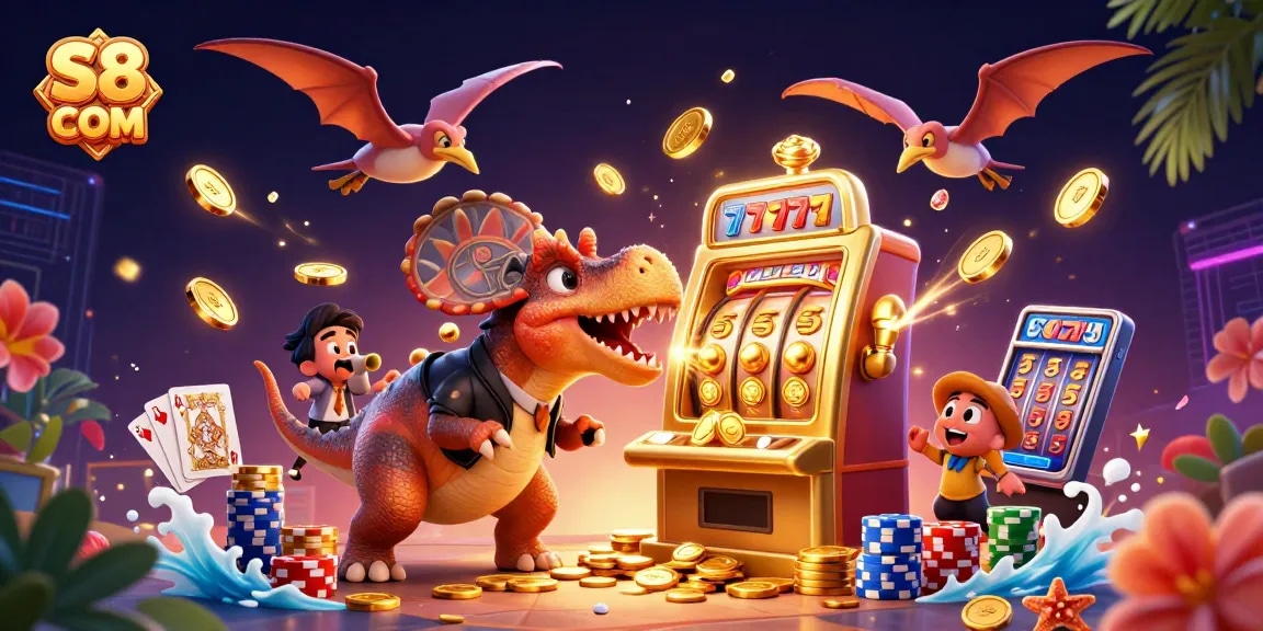Spin the golden slot machine with S8 COM for jackpot wins amid a vibrant casino scene