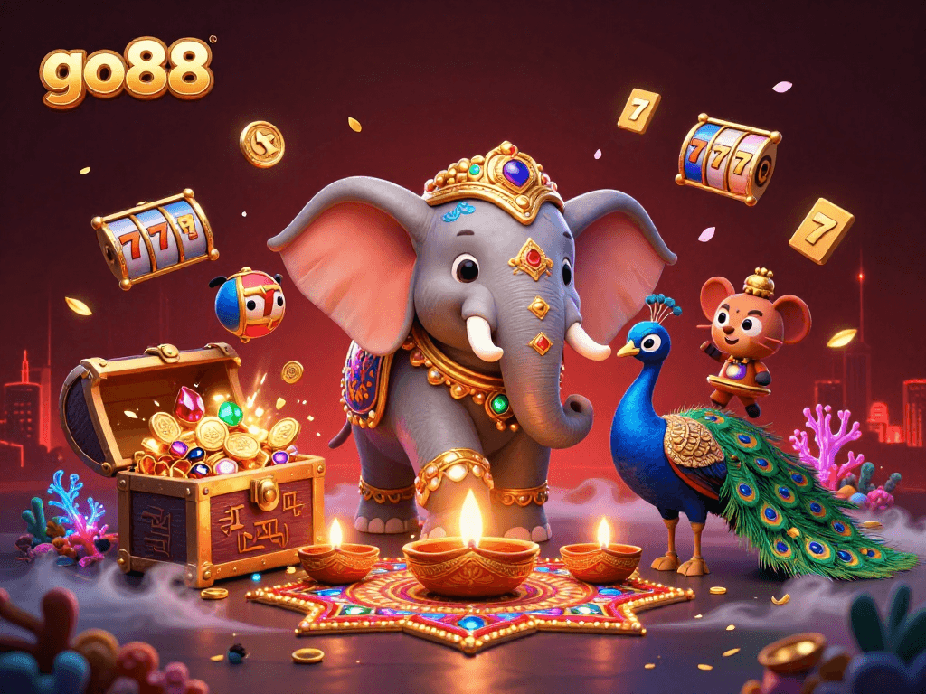 Experience exciting wins with go88 in this vibrant 3D casino-themed illustration packed with dynamic game elements.