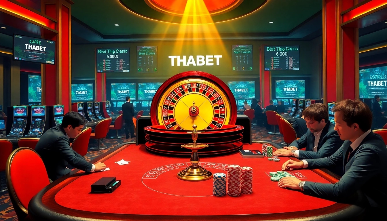 Players enjoying a thrilling game at THABET casino, engaging with a roulette wheel and poker table.