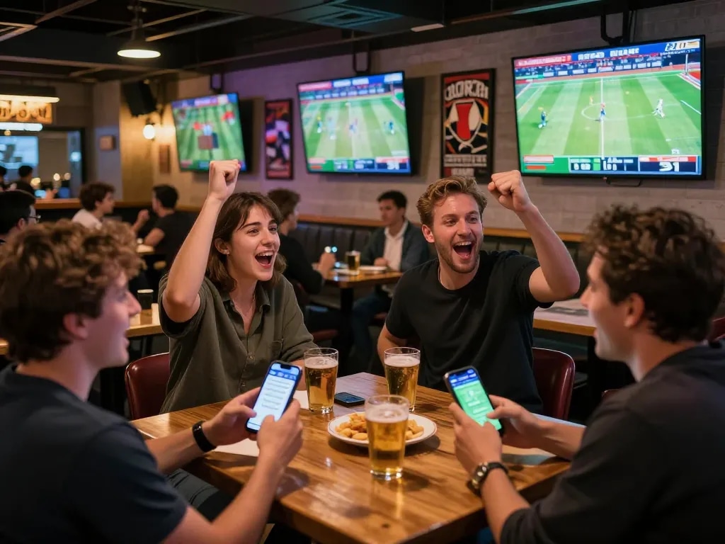 Excited bettors engaging with m88zo app while watching live sports at a bustling bar.