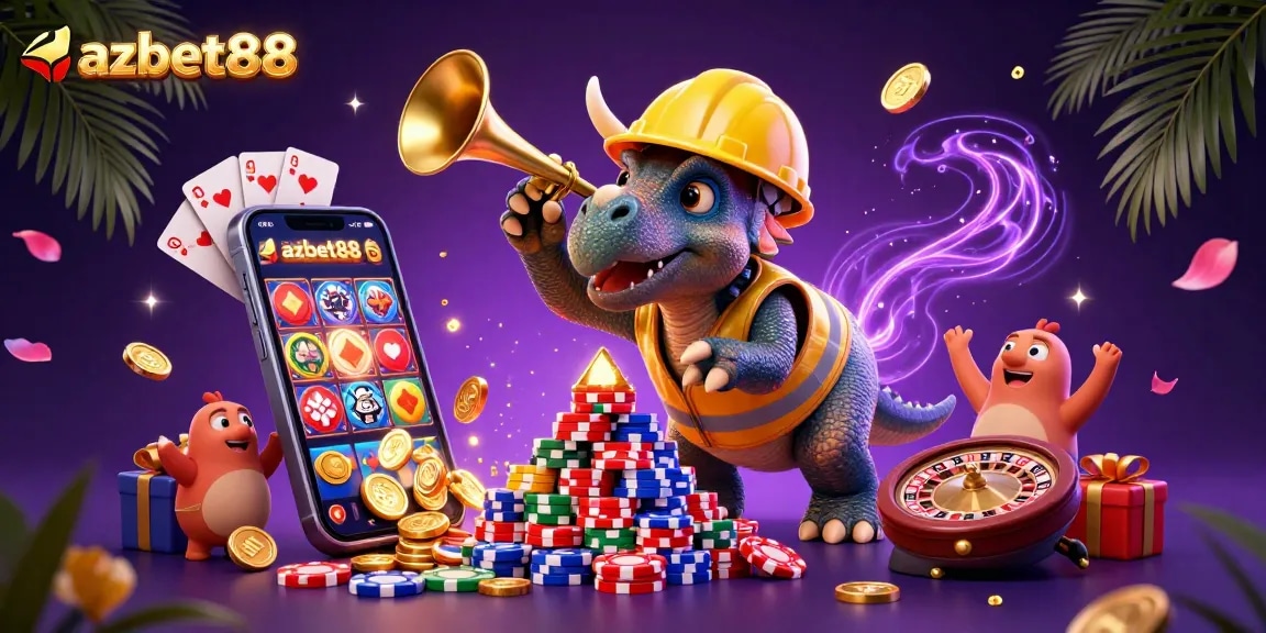 Celebrate big wins with azbet88 as triceratops builds a poker chip pyramid amidst casino excitement.