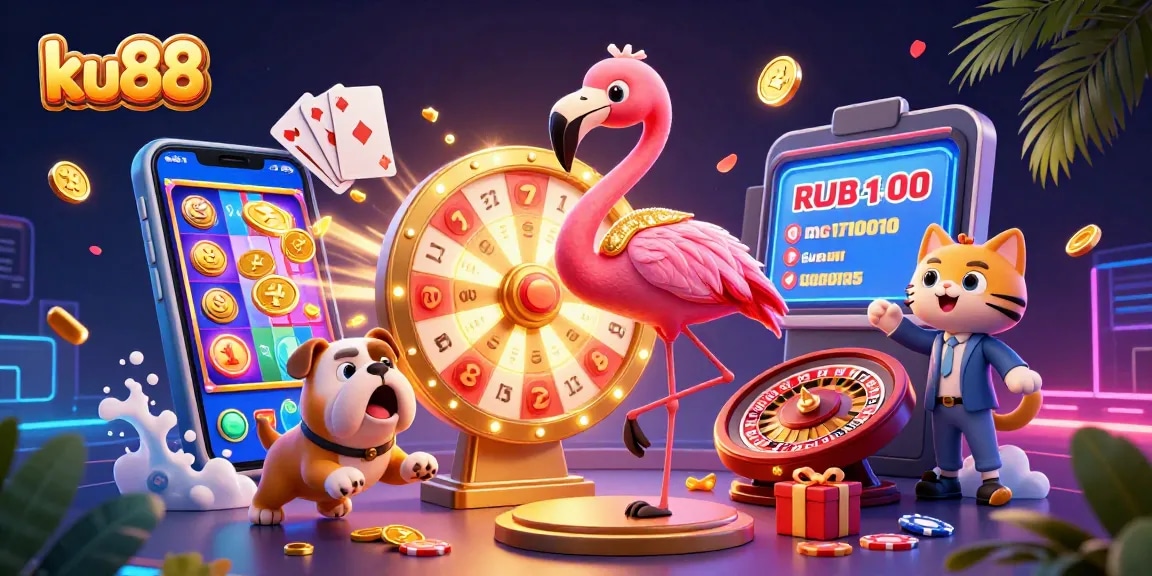 ku88 showcases thrilling gambling excitement with a flamingo host, bulldog contestant, and prize wheel.