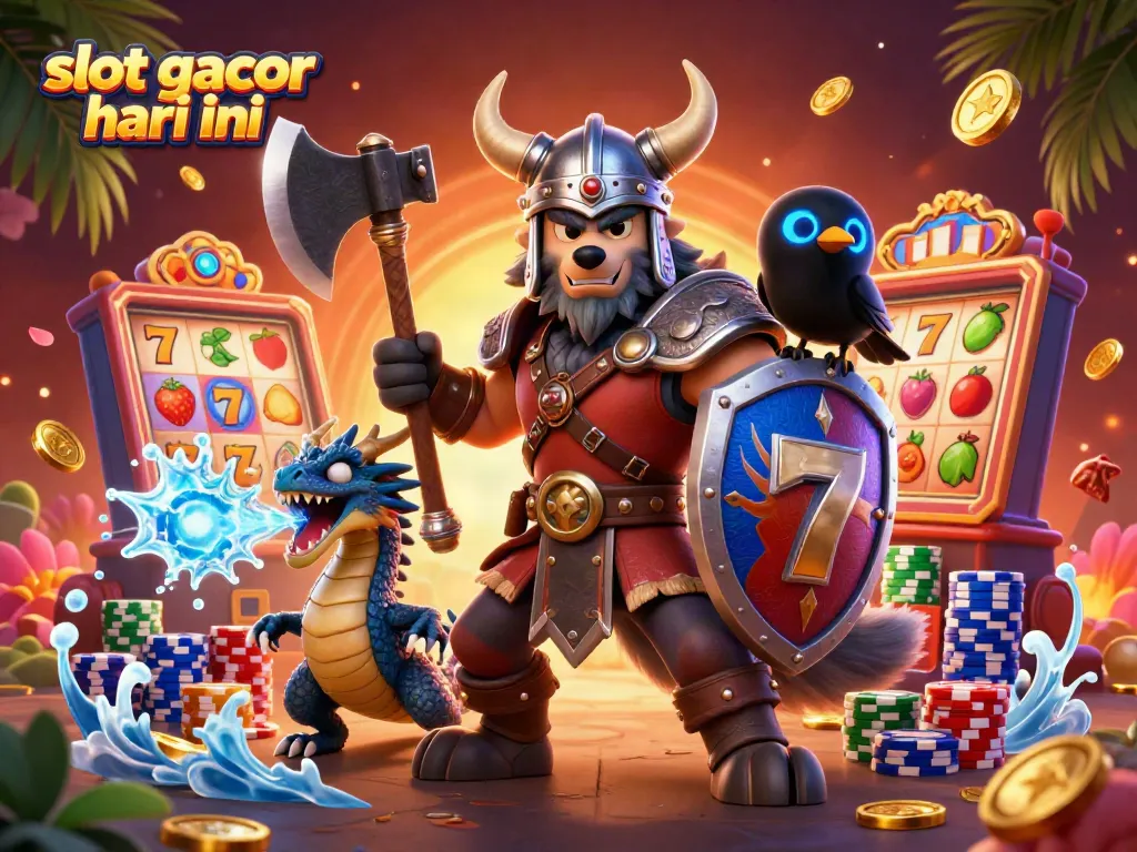 Feel the thrill with slot gacor hari ini, as cartoon Viking warriors, dragons, and slot reels unite in a high-stakes adventure.