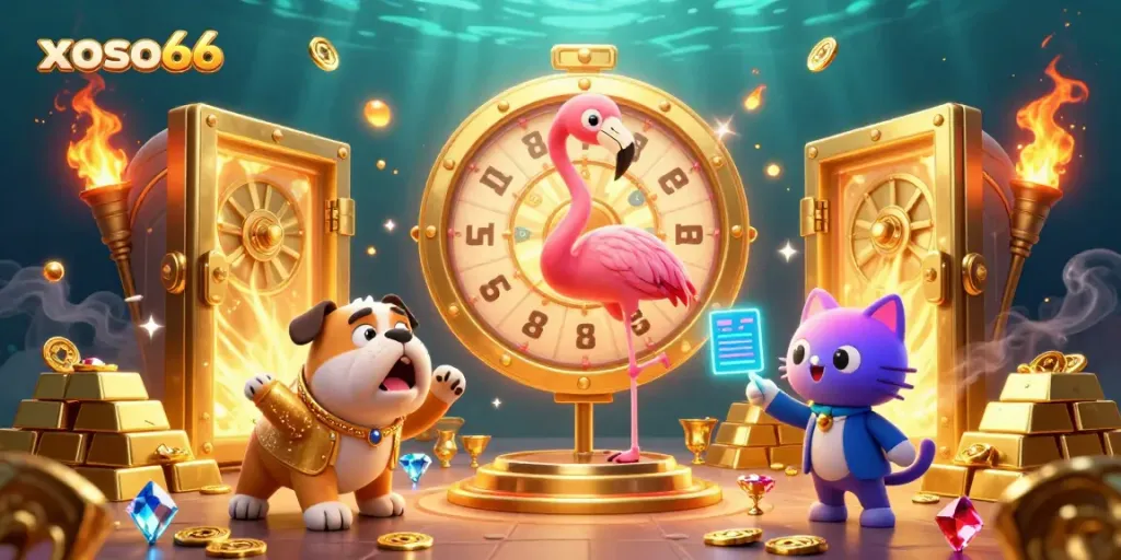 xoso66 reveals exciting prizes with a game show host flamingo and a joyful bulldog contestant.